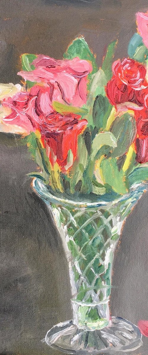 Vase of assorted roses original painting in oils by Julian Lovegrove Art