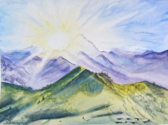 Sunrise. Watercolor painting on paper. Landscape. Original artwork