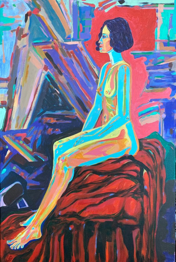 Seated nude on a red drape