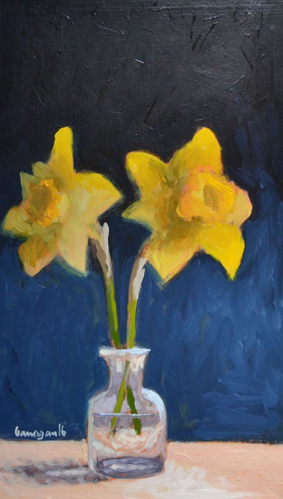 Two Daffodils in Little Glass Vase Still Life Oil Painting
