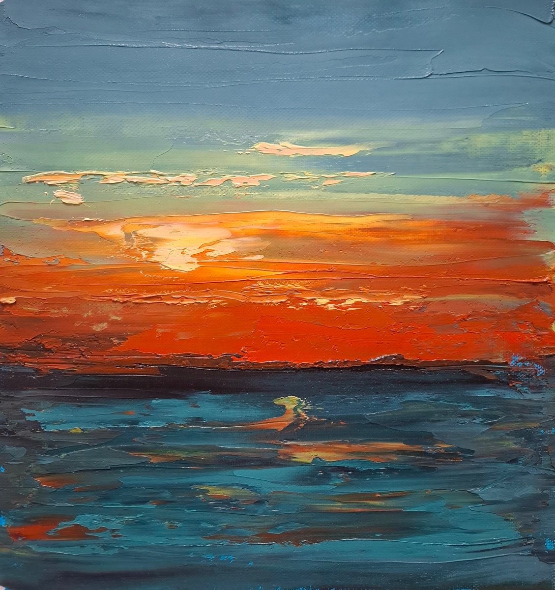 Abstract Landscape Oil Painting By Olena Kolotova, 12 X 12", Sea Sunset, Original Artwork