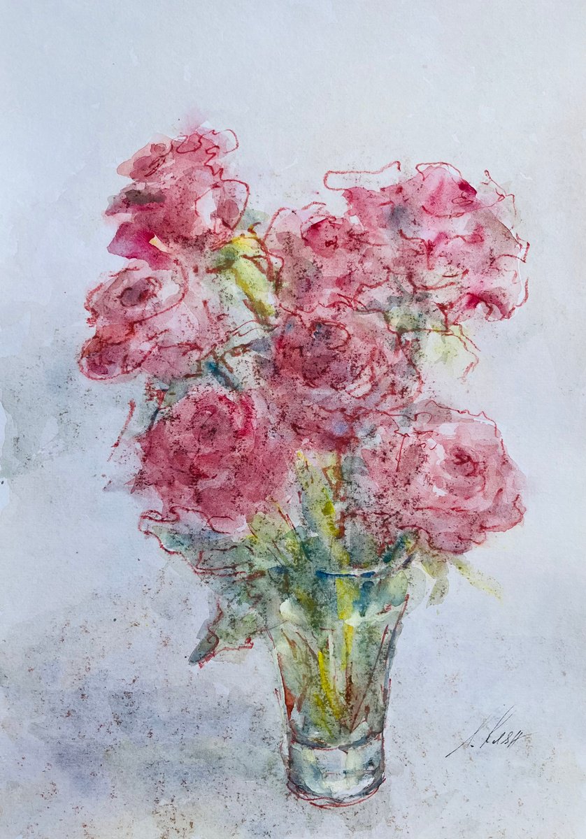 Impressionistic Botanical Painting By Elena Klyan, 12 X 16, Roses 30X42 Cm 2025, Original Artwork