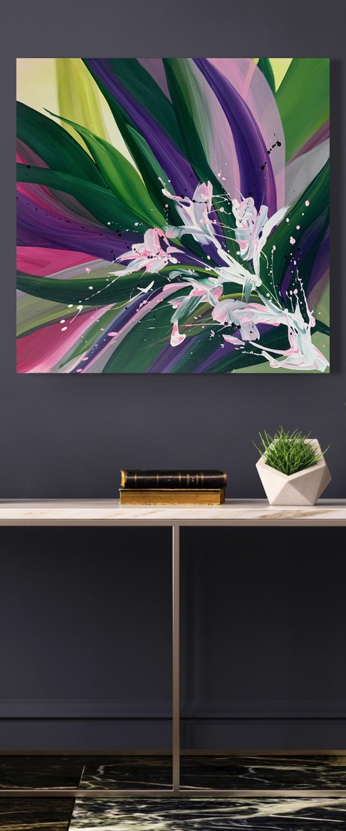 Exotic Botanical - Abstract Jungles. Leaves. Violet green tones. Abstract style. by Marina Skromova