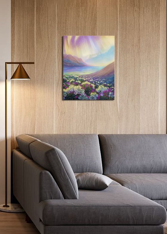 "Serenity", landscape flowers art, aurora lights painting