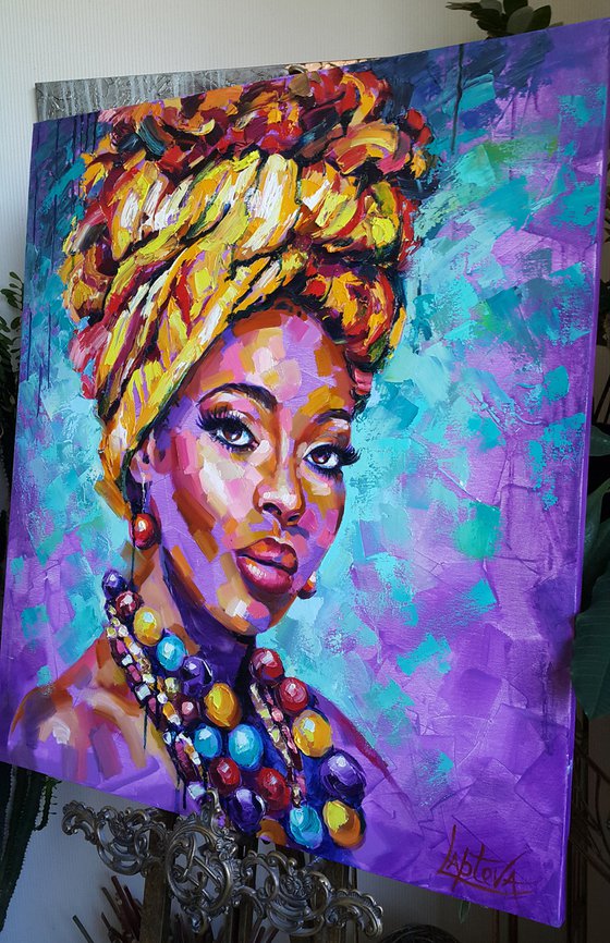 Portrait Multicolored Beads, painting african woman