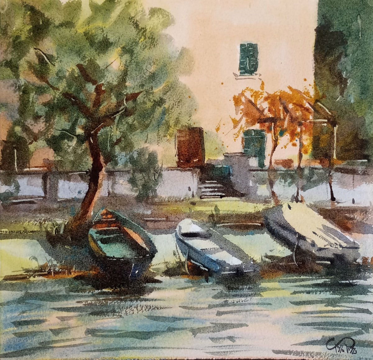 Expressive Landscape Watercolour By Tollo Pozzi, 11 X 11", Boats In Lierna, Como Lake, Original Artwork