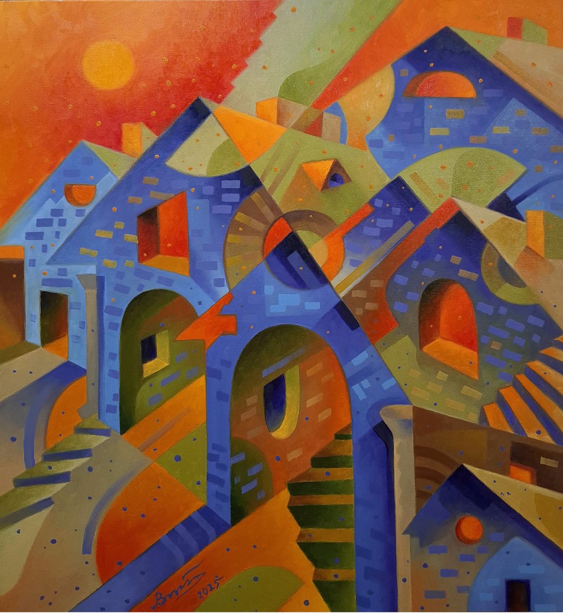 Surrealistic Cityscapes Oil Painting By Serhii Voichenko, 24 X 27", Sunset In The Suburbs, Original Artwork