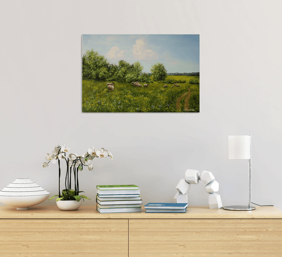 Sheep grazing in a lush meadow