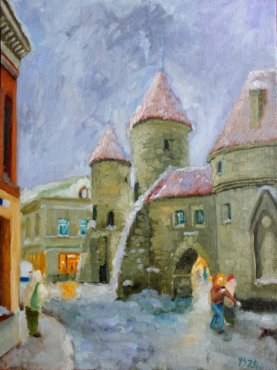 Impressionistic Cityscapes Oil Painting By Juri Semjonov, 12 X 16", Old Tallinn, Viru Gate, Original Artwork