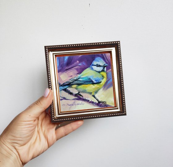 Blue tit bird art painting original 4x4, Small bird artwork in frame, Framed painting of titmouse bird, Pocket bird picture, Christmas gift