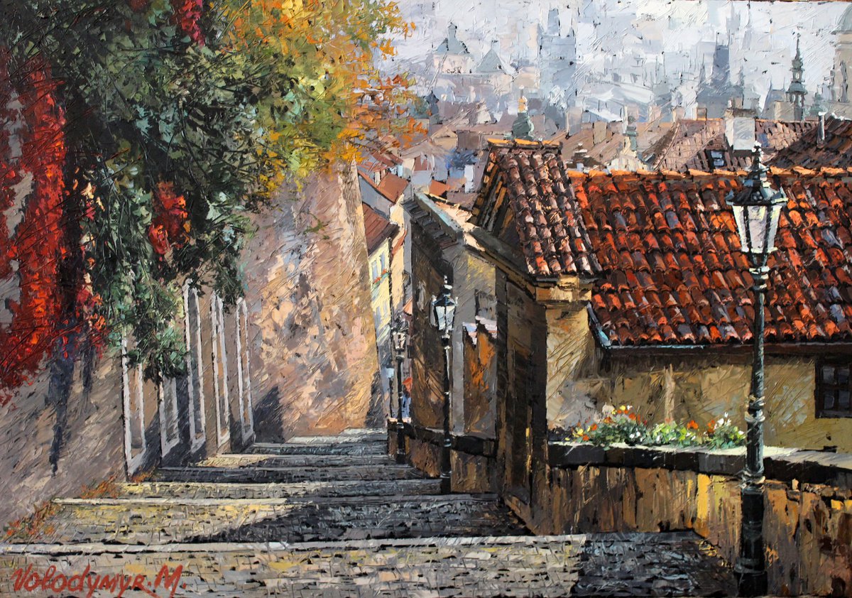 Impressionistic Cityscapes Oil Painting By Volodymyr Melnychuk, 39 X 28", Early Morning In Prague, Original Artwork