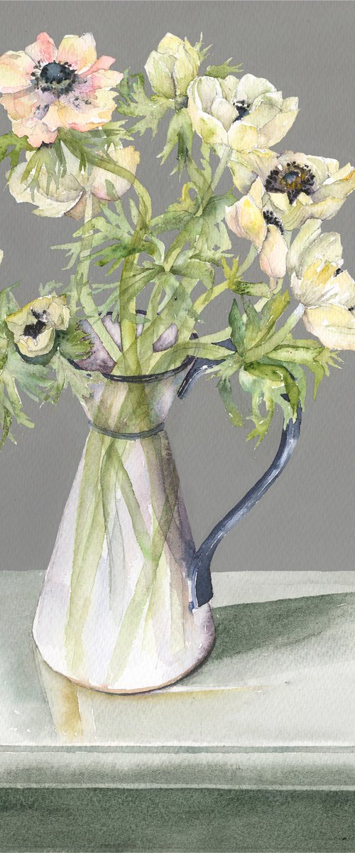 Anemones in Blue and White Jug by Vivienne Cawson