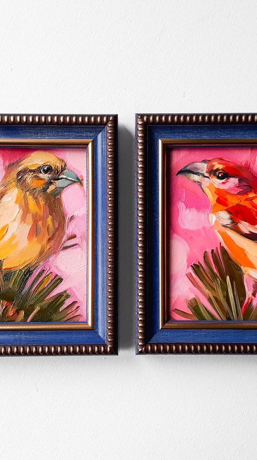 Love couple of crosbill birds by Nataly Derevyanko