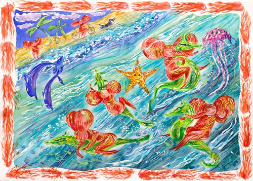 Funny elephants swim in the ocean on seahorses. Happy summer by Anna Onikiienko