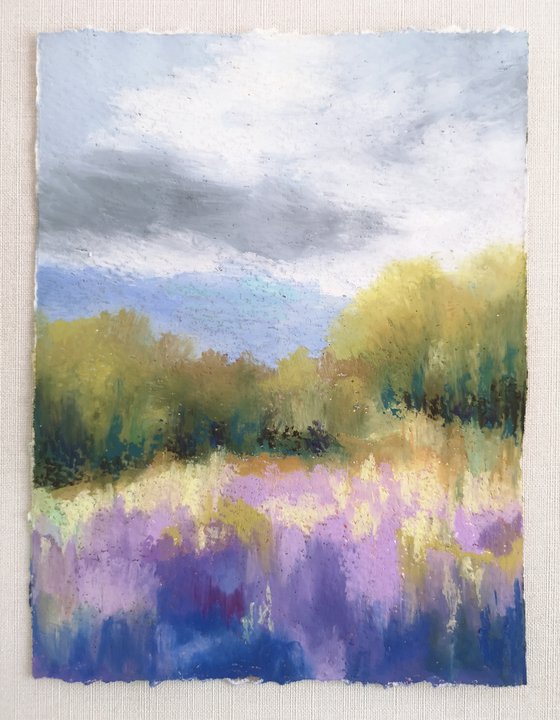 Landscape with lavender field, oil pastel painting