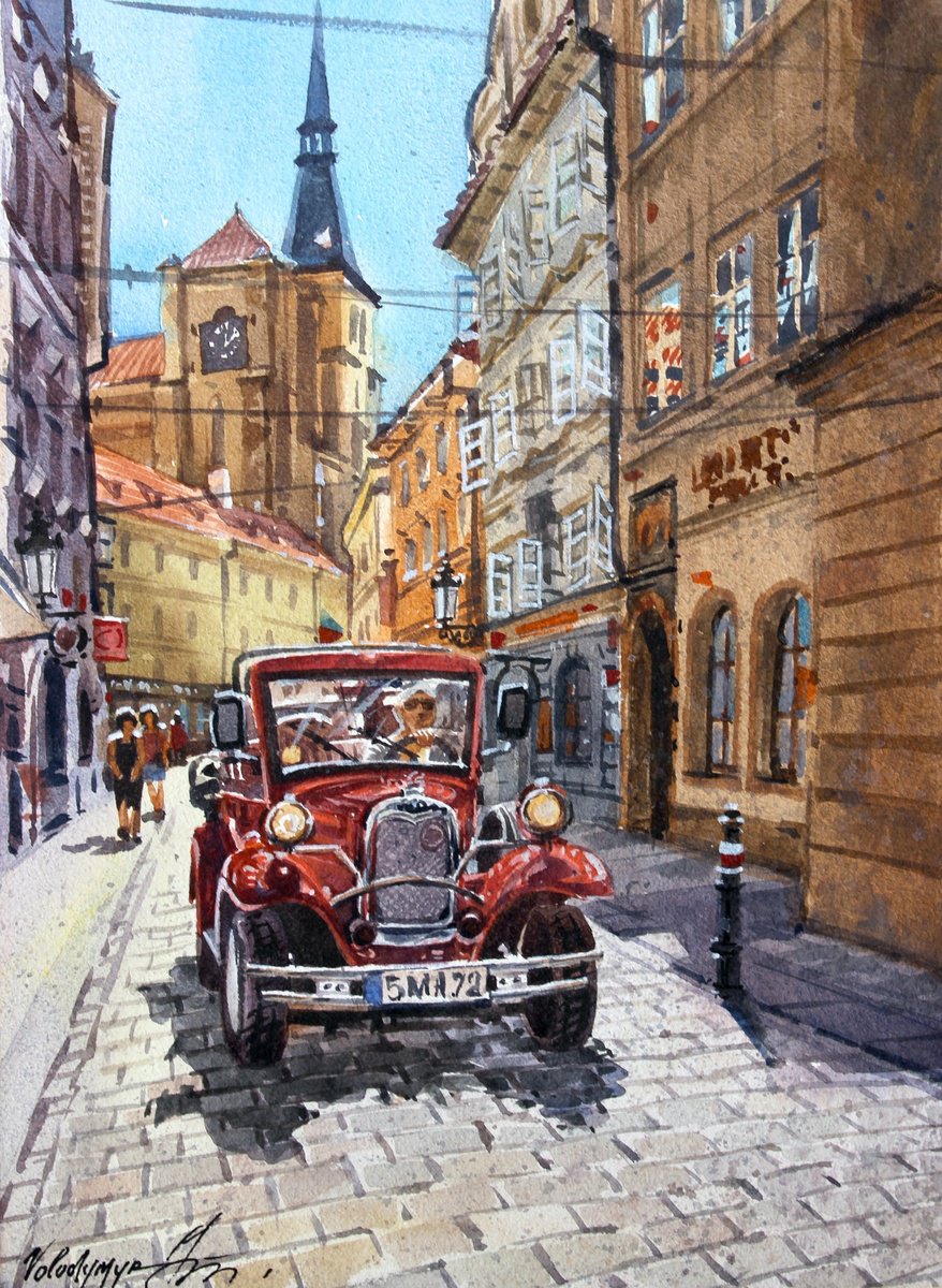 Transport Watercolour By Volodymyr Melnychuk, 11 X 15", Retro Prague, Original Artwork