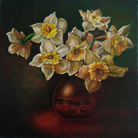 Bouquet of daffodils on a dark background, 40x40 cm, ready to hang.