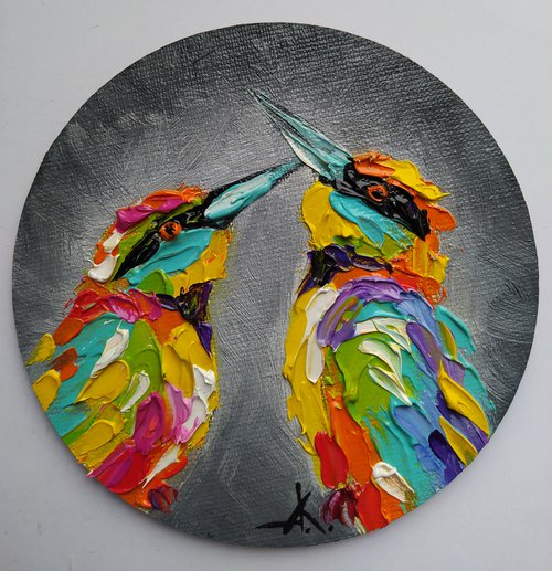 Inseparable - oil painting, birds love, love, birds, animals oil painting, art bird, impressionism, palette knife, gift. by Anastasia Kozorez