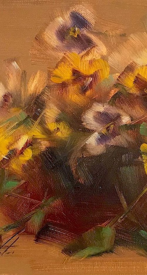 Vase of Pansies, Oil painting, One of a kind, Handmade artwork by Vahe Yeremyan