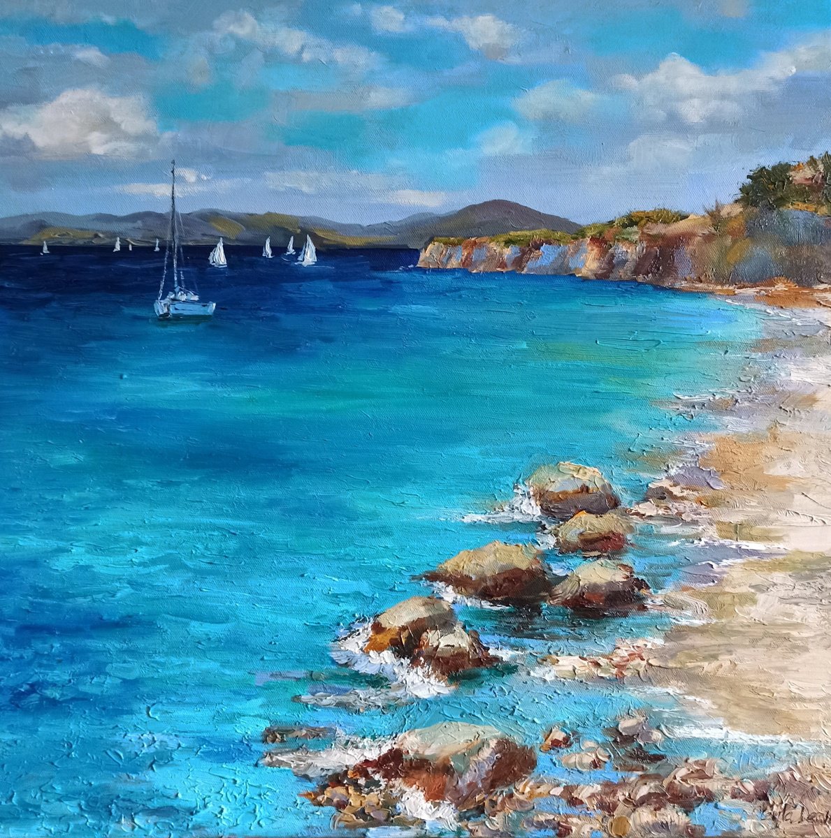 Coastal beach oil painting blue ocean landscape wall decor 20x20 by Leyla Demir