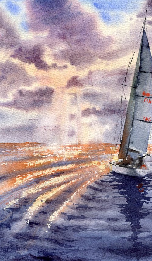 Yacht trip. Sunset at sea. Original artwork. by Evgeniya Mokeeva