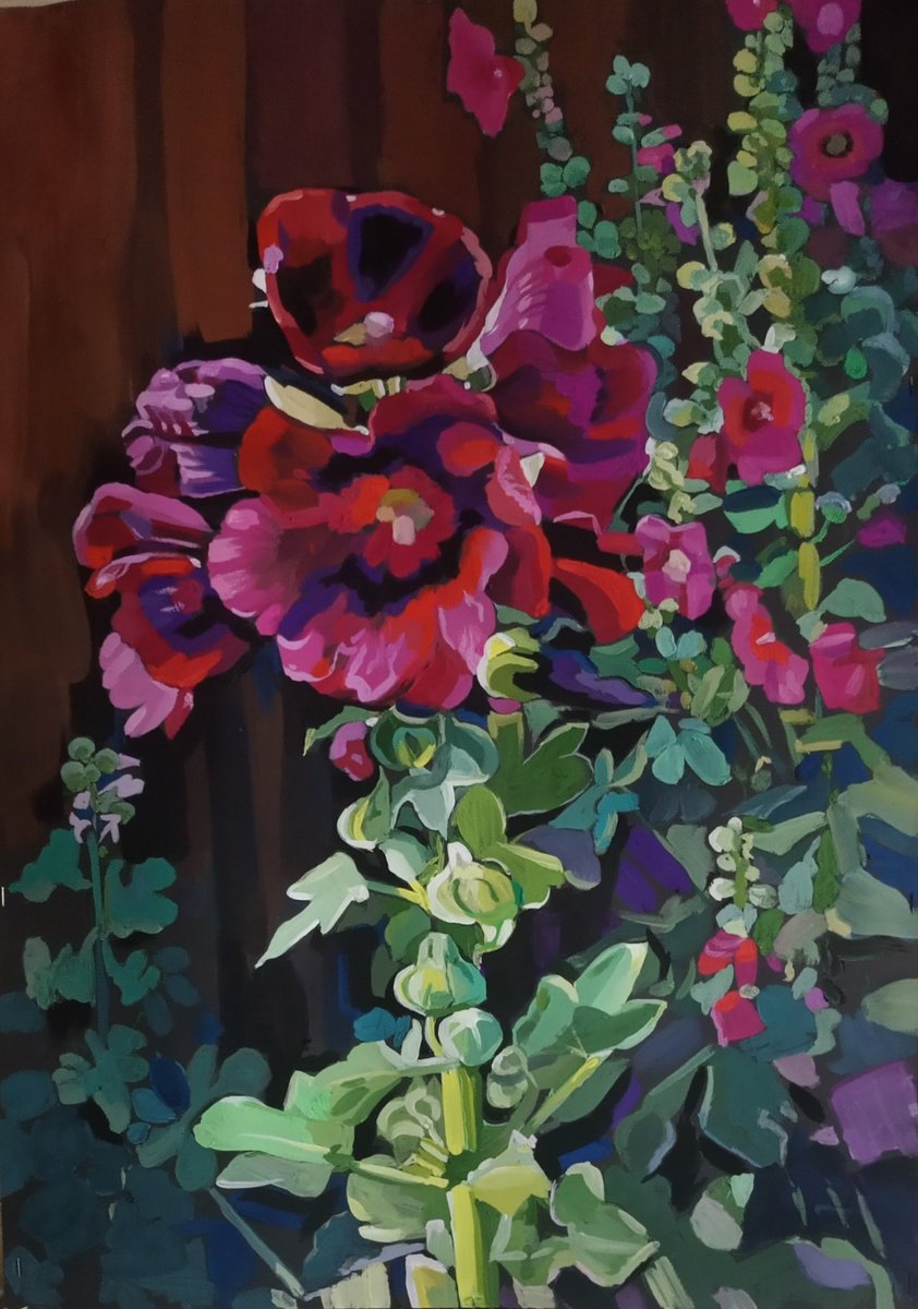 Impressionistic Botanical Painting By Valentina Kachina, 20 X 28", Mallow, Original Artwork