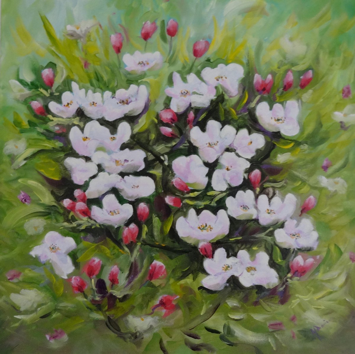 Impressionistic Botanical Oil Painting By Mel Davies Original Art, 16 X 16", In Apple Blossom Time, Original Artwork