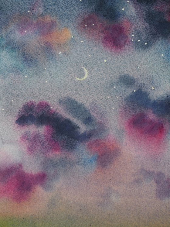 New moon - original watercolor sky painting