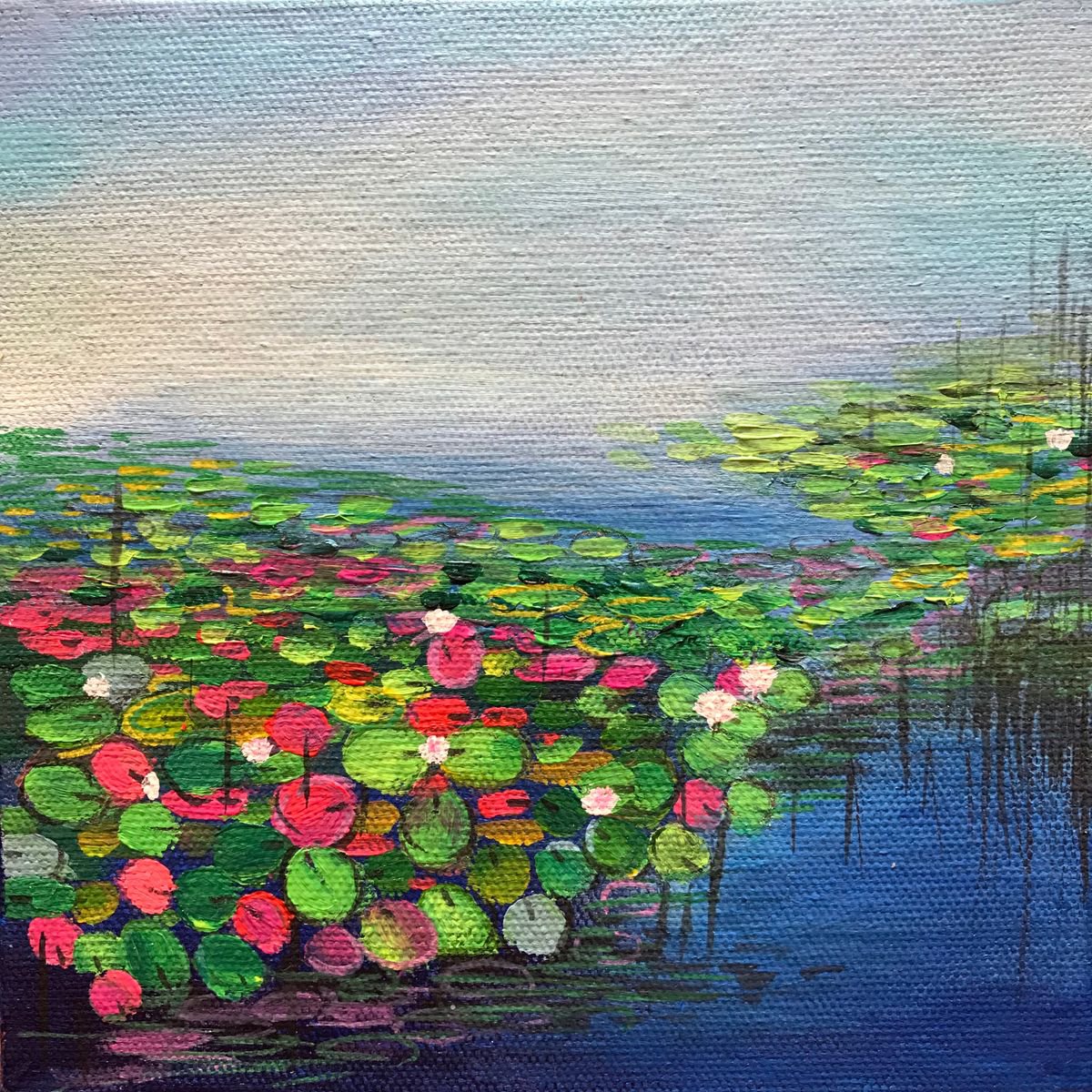 Water lily pond by the lake !! Morning Bliss !! Small Painting !! Miniature !! Gift !! by Amita Dand