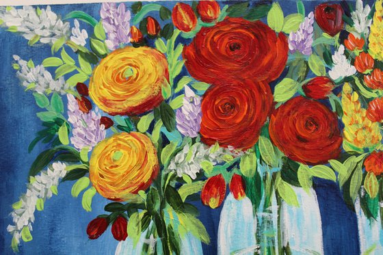 Still Life Florals - Happiness - Colourful floral bouquet in vases- Acrylic painting of flowers
