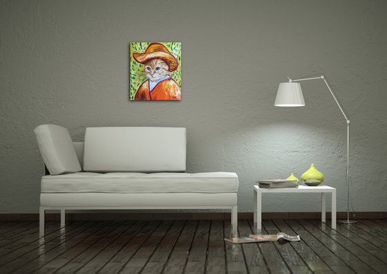 Satisfied  Cat La Van Gogh in a straw hat FELINE ART FOR CAT LOVERS GIFT IDEA