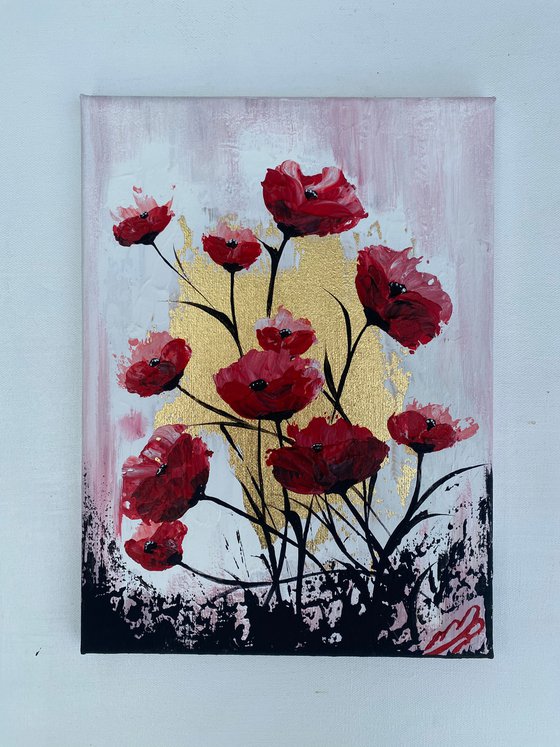 Red Poppies on Gold Leaf against a Pink Sky