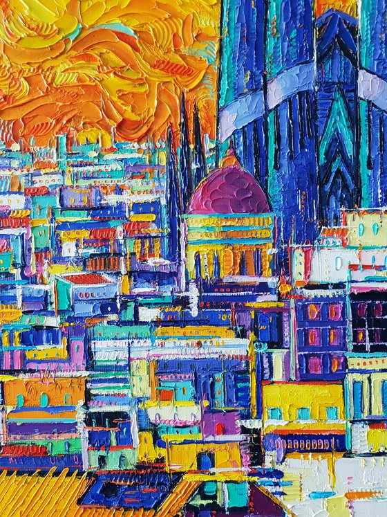 BARCELONA ABSTRACT CITYSCAPE FIERY SUNSET OVER SAGRADA FAMILIA textural impasto palette knife oil painting by Ana Maria Edulescu