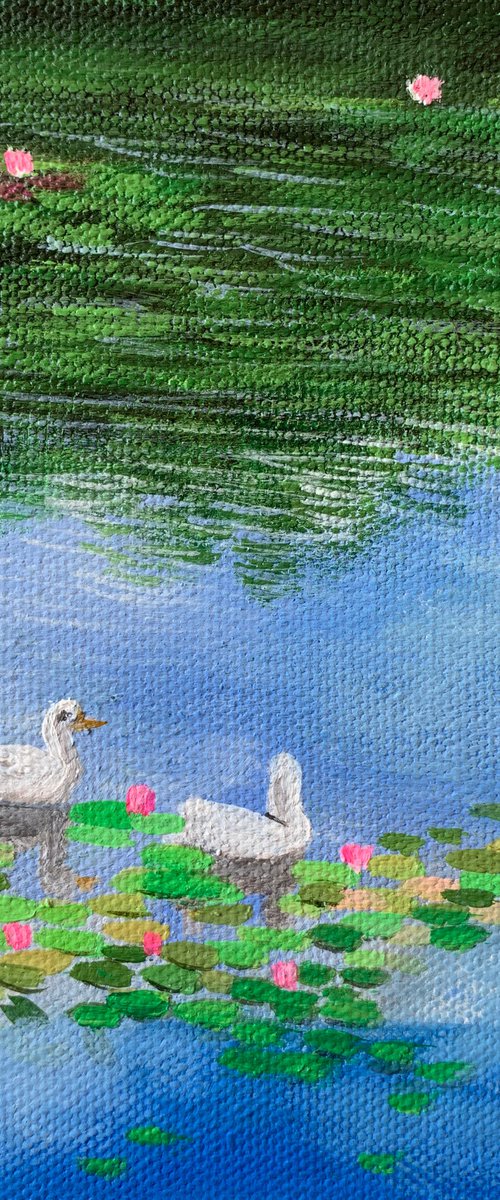 Ducks in the pond ! Small Painting!!  Ready to hang by Amita Dand