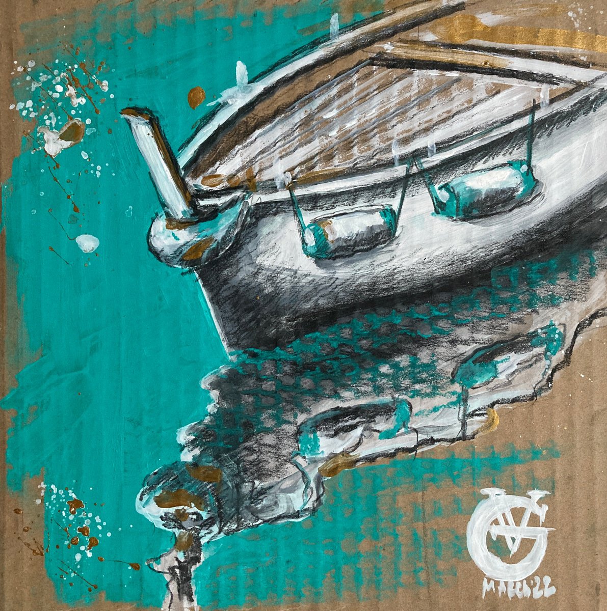 Impressionistic Landscape Painting By Valeria Golovenkina, 10 X 10", Boat. Sea. Teal, Original Artwork