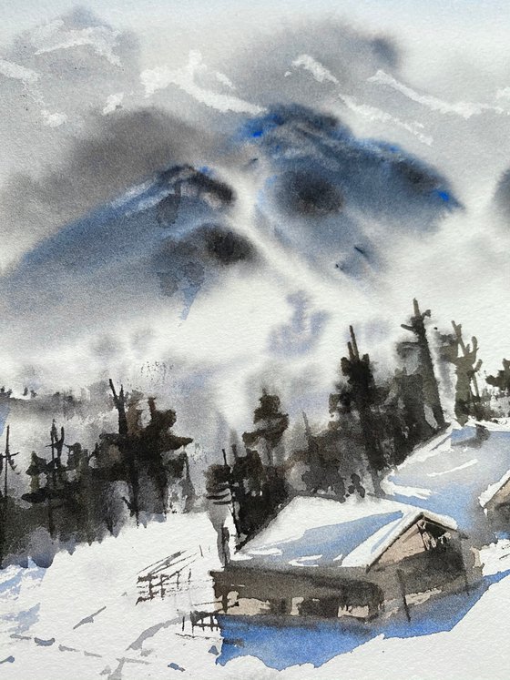 Alpine chalet original artwork, medium watercolor painting in nature colores