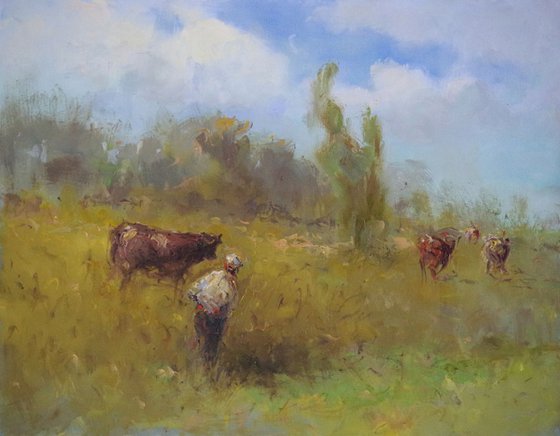 Cows in a Meadow, Landscape, Original oil Painting, Impressionism, Signed, One of a Kind