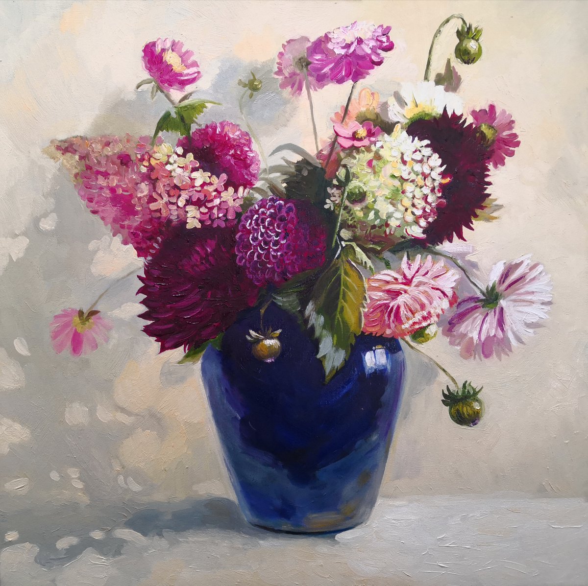 Flowers Bouquet in a blue glass vase still life by Jane Lantsman