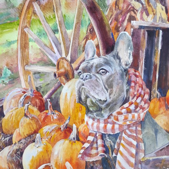 Dog - original autumn watercolor landscape, with an animal
