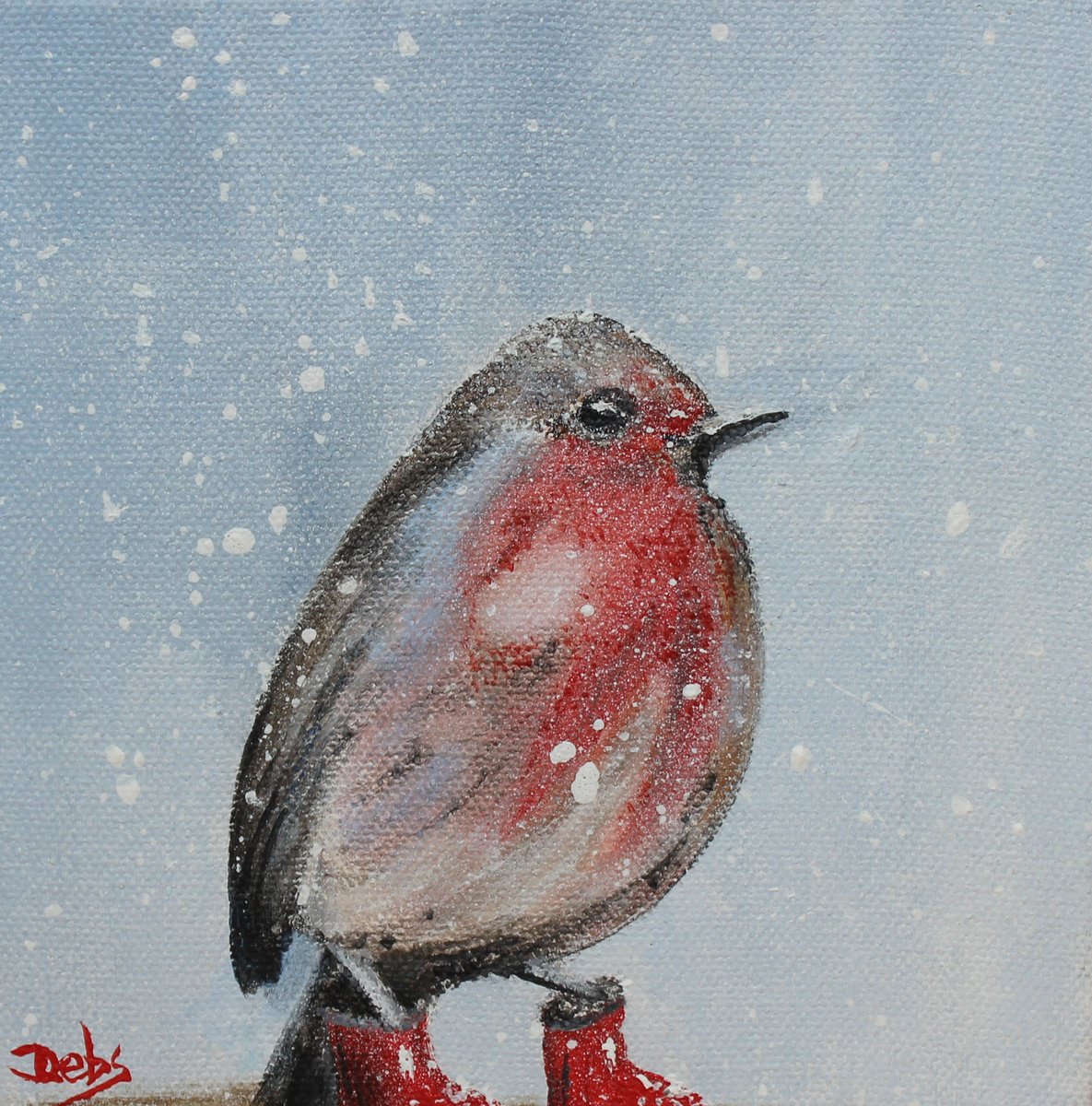 Impressionistic Animal Oil Painting By Debbie Young, 6 X 6, Robin Red Boots, Original Artwork