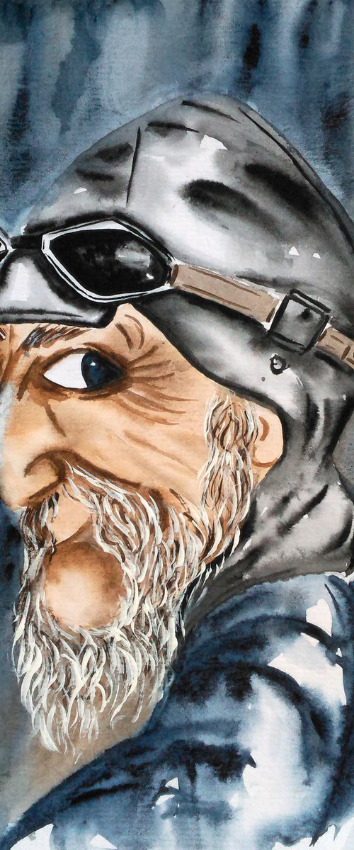 Pilot Painting Aviator Original Art Old Man Watercolor Portrait Artwork Small Home Wall Art 8 by 12" by Halyna Kirichenko by Halyna Kirichenko