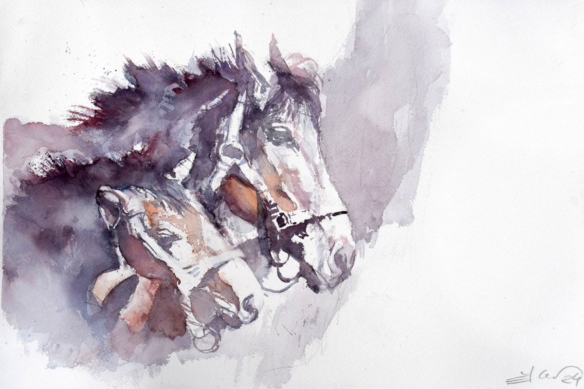 Expressive Animal Watercolour By Goran Zigolic Watercolors, 22 X 15, Mare And Foal, Original Artwork