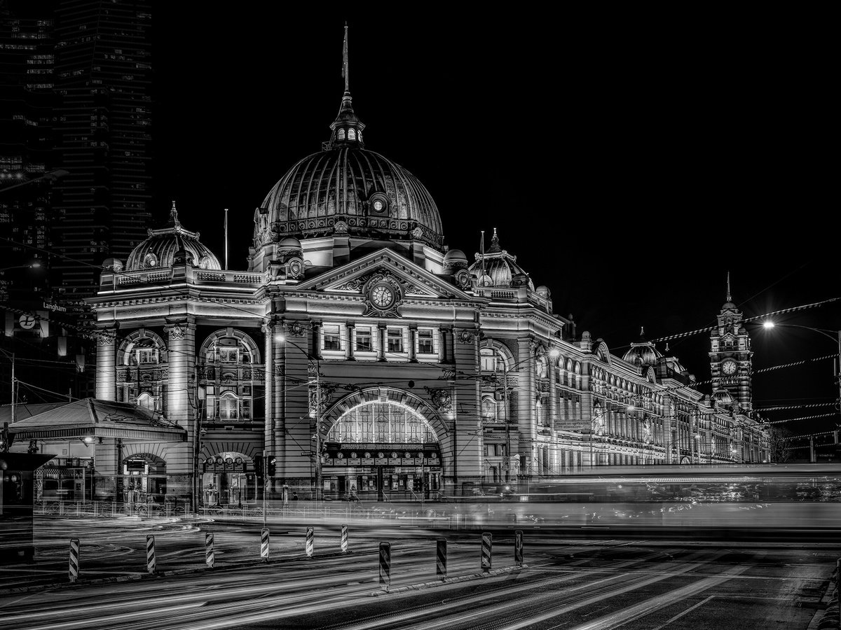 Photorealistic Cityscapes Photograph By Nick Psomiadis, 57 X 43", Nightfall At Flinders Station, Original Artwork