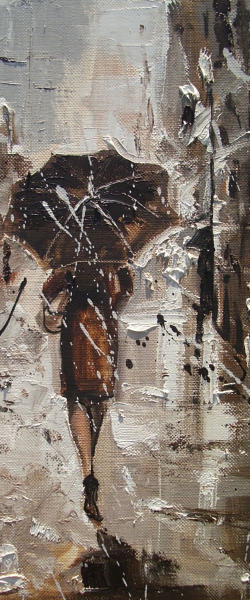 " HE IS WAINTING AT HER ... " original oil painting RAIN brown by Monika Luniak