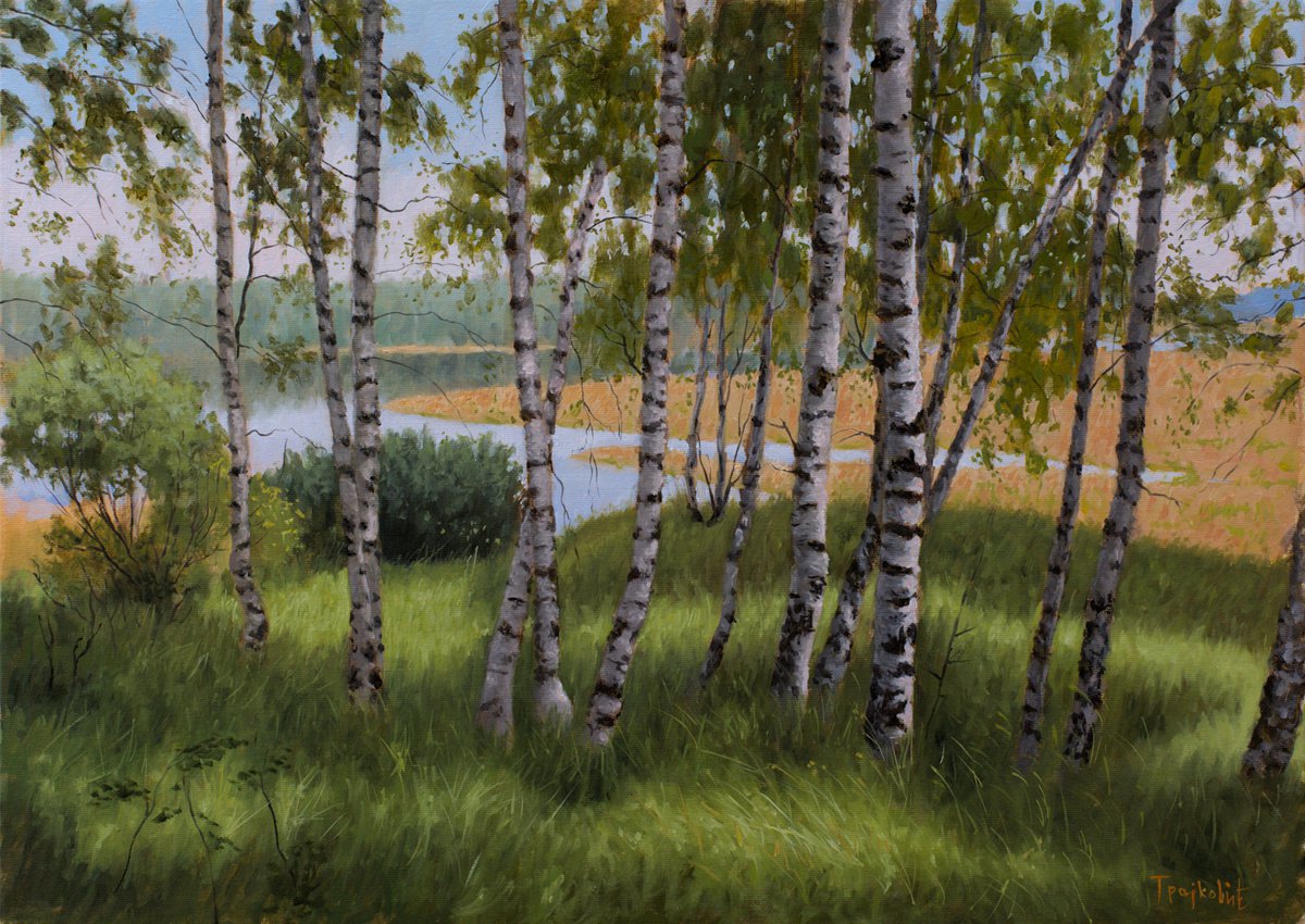 Impressionistic Landscape Oil Painting By Dejan Trajkovic, 32 X 24, Birches Beside The Lake, Original Artwork