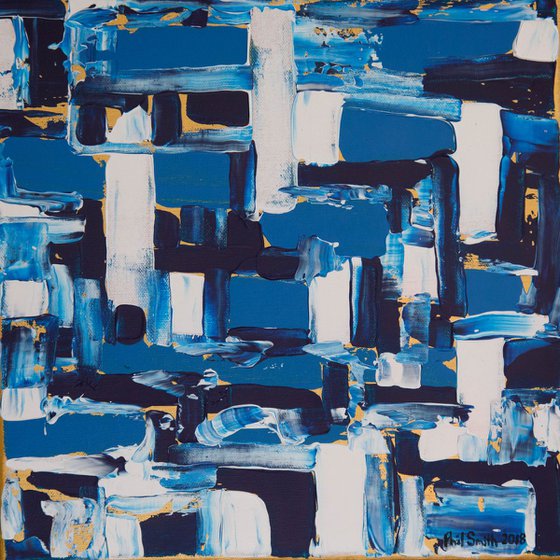 Abstract in blue, white and gold