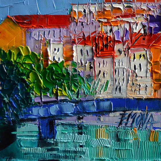 Bridge on the Saone River - Lyon France - miniature palette knife oil painting