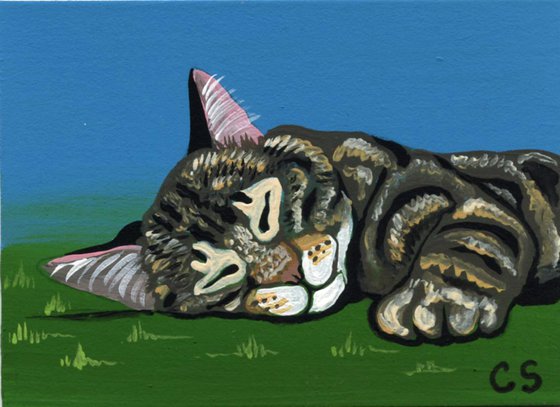 ACEO ATC Original Miniature Painting Gray Tabby Cat Pet Art-Carla Smale