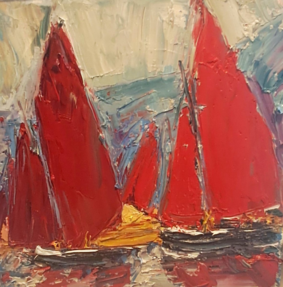 Expressive Landscape Oil Painting By Deborah Donnelly, 14 X 14, Galway Hookers, Original Artwork