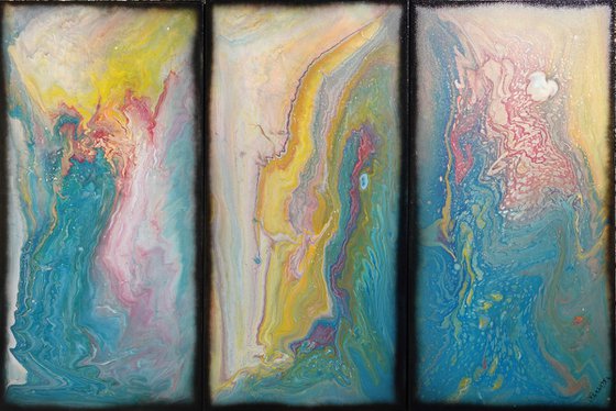 Blue fluid triptych A1118 Abstract art - pouring Paintings on canvas - Original Contemporary Large Acrylic painting by Ksavera